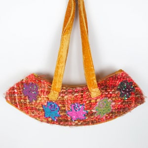 Handmade Purse, Hand Woven with Flower Appliqués and Velvet Exterior, Baguette Style Handbag, Silk? Lined Interior, Bright Happy Fabric