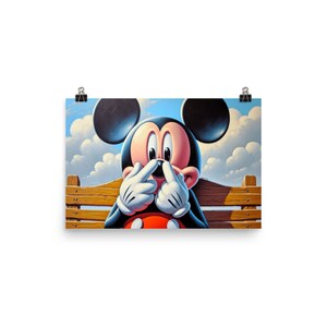 May include: A cartoon illustration of Mickey Mouse sitting on a wooden bench with his fingers covering his nose and mouth. The background is a blue sky with white clouds.