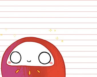 May include: A red and pink cartoon daruma doll with a white face, black eyes, and a small smile. The doll is on a white background with red lines.