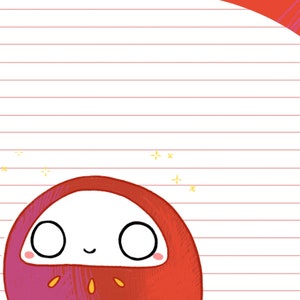 May include: A red and pink cartoon daruma doll with a white face, black eyes, and a small smile. The doll is on a white background with red lines.