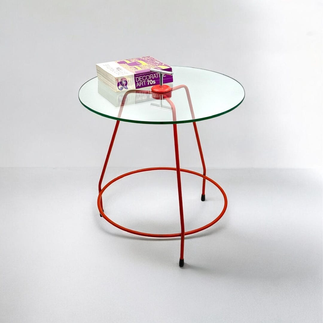 Vintage 60s Table in Red Enameled Metal and Glass - Plant Holder Side ...