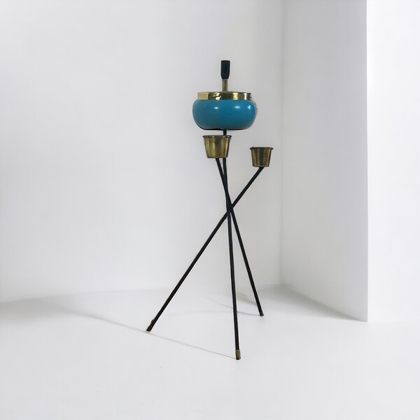 Mid-Century Marvel: Rare Turquoise Floor Standing Ashtray, 1950s -  Industrial Vintage Appeal, Timeless Design with Brass Accents