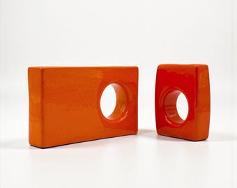 Striking Orange Space Age Ceramic Pair 1970s Sculptural Decor Objects