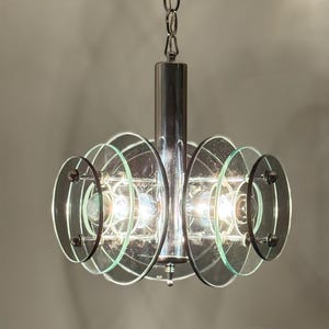 VECA Italian Hanging Lamp: 1970s Space Age Chrome & Glass Pendant