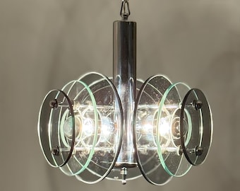 VECA Italian Hanging Lamp: 1970s Space Age Chrome & Glass Pendant