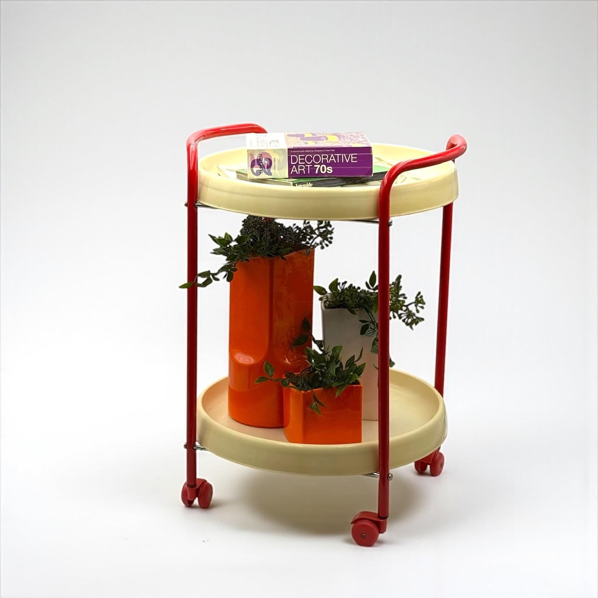 Chariot De Bar Pliable Années 70, Plastique Marron Cognac Et Chrome, 47x67x63 Cm