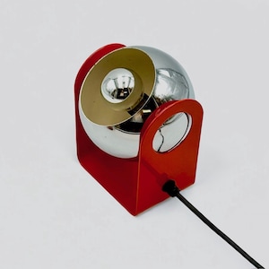 Red & Chrome Space Age Eyeball Lamp, 1970s Vintage Wall or Table Light, Sculptural Orb Lamp, Futuristic Retro Design