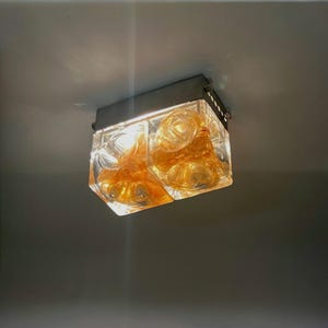Rare Poliarte &#39;Denebe&#39;  Wall or Ceiling Lamp 1970s - Vintage Mottled Glass Light - Handmade Amber Cubes - Space Age Iconic Design