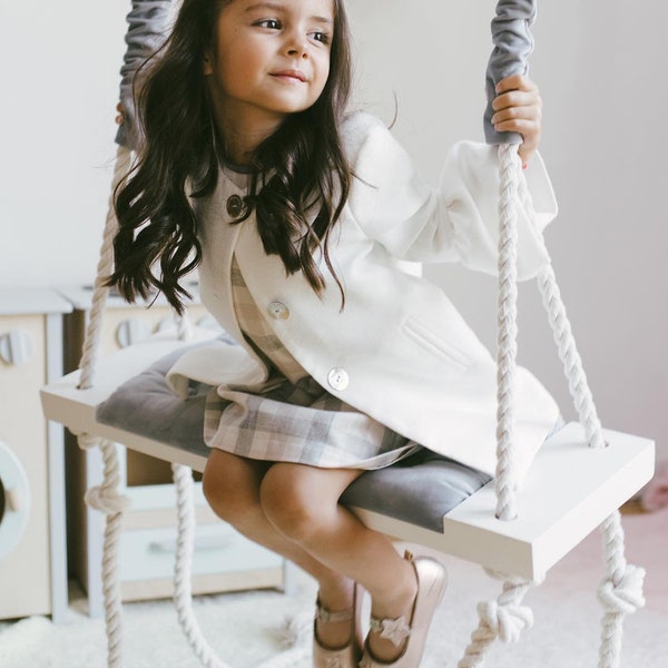 Stylish swing on ropes for children in BLUE GRAY colour.