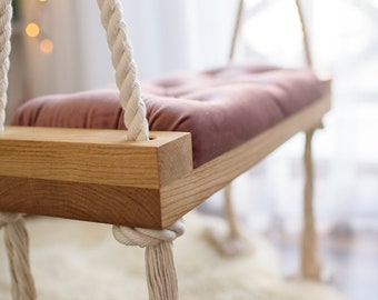 Stylish OAK swing MEDIUM 60 CM on ropes for children and adults! - OhSwing home swing, cotton rope, wedding decoration, boho, gift, props