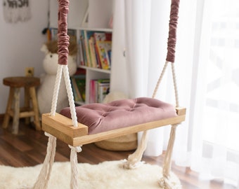 Stylish OAK swing LARGE 70 CM on ropes for children and adults! - OhSwing Boho swing, scandi, gift, birthday, photo session, inside, outside