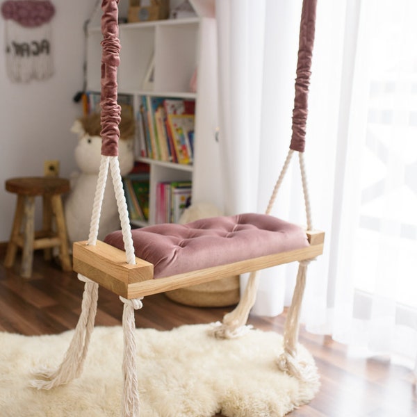 Stylish OAK swing LARGE 70 CM on ropes for children and adults! - OhSwing Boho swing, scandi, gift, birthday, photo session, inside, outside