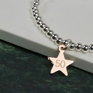 Pulseira de prata personalizada, pulseira com contas de prata, pulseira com símbolo do zodíaco em ouro rosa, pulseira com número personalizado, presente de aniversário de 50 anos para ela