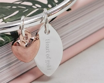 Heart of Gold Bangle with Love Heart Charm, Symbology Symbol Gift Boxed