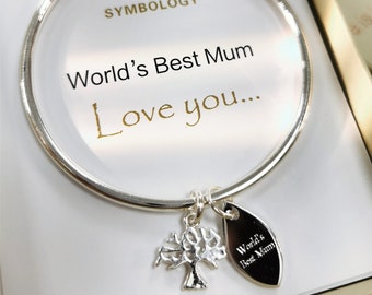 World's Best Mum Bangle with Silver Life of Tree Family Tree of Symbology Symbol Bangle, Mother's Day Gift, Birthday Gift for Mum, Gift Box
