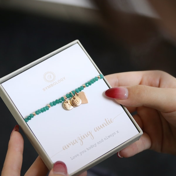 Personalised Auntie Heart Bracelet, Initial Charm Bracelet, Gold Emerald Beads Bangle, Stackable Gemstone Bracelet, Auntie May Birthday Gift