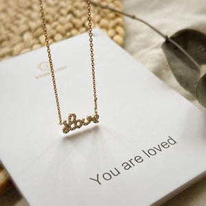 Collar con palabra de amor de SIMBOLOGÍA, collar con letra de amor pavé de circonita cúbica dorada, regalo para ella, regalo para mejores amigas, collar de amor personalizado, hermana pequeña