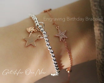 Silver Beads Elastic Engraving Bracelet, Personalised Bracelet, Sentimental Gift for Her, Customised Number Bracelet,  18th Birthday Gift