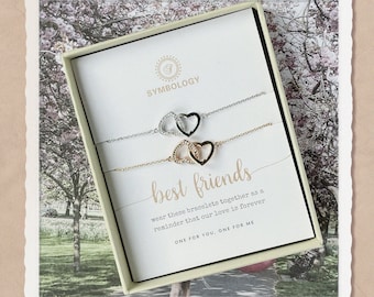 Silver Friendship Interlinking Heart Bracelet Set, 18k Gold Personalised CZ Pave  Bestie Bracelet for Sister/Friend/Graduation Gift for Her