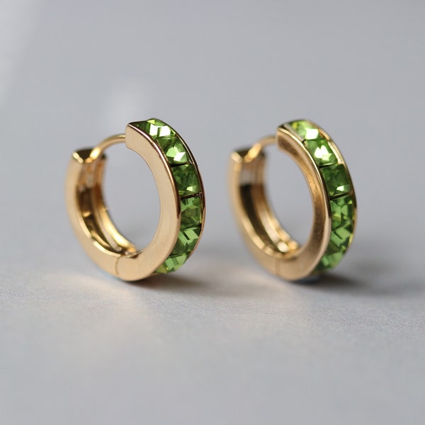 August Birthstone Hoop earrings, Peridot CZ Swarovski Crystal Earrings, Gold Huggie Hoops,  Gift for Her/Mum/Friend Christmas Gifts