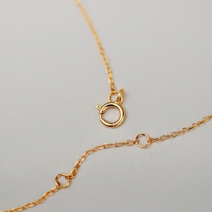 May include: Close-up of a delicate gold necklace with a spring ring clasp and an adjustable chain. The necklace is made of thin, linked chain segments. The background is a soft, neutral color.
