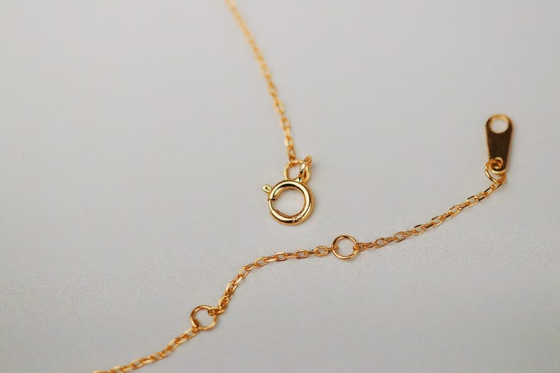 May include: Close-up of a delicate gold necklace with a spring ring clasp and an adjustable chain. The necklace is made of thin, linked chain segments. The background is a soft, neutral color.