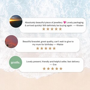 May include: Three white speech bubble graphics containing customer reviews with five-star ratings. The first bubble shows a sunset photo and text by Kirsten, the second a sunset photo and text by Maisie, and the third a green circle with the text gentle.