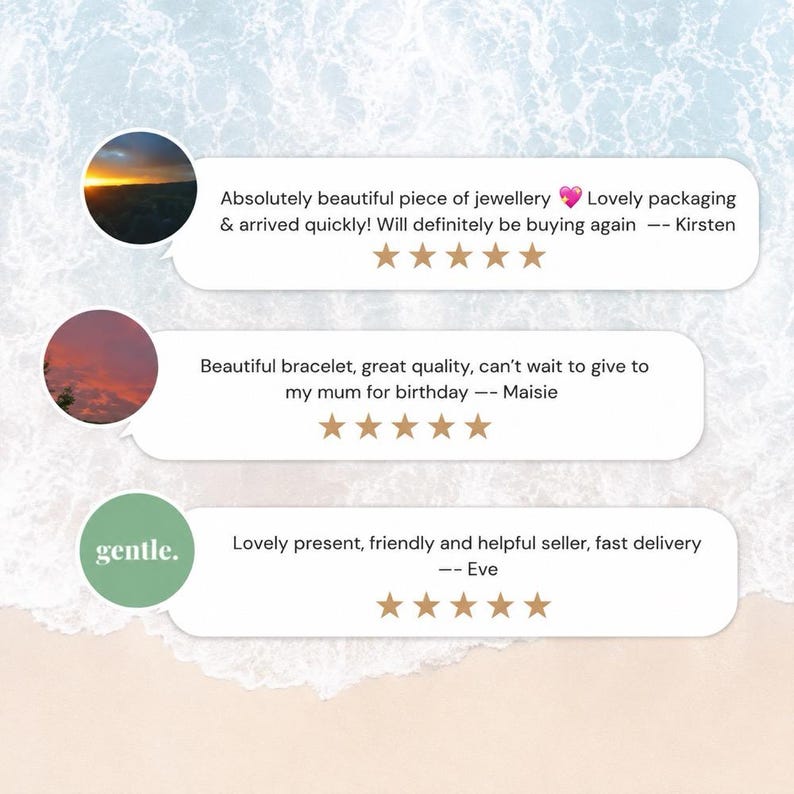 May include: Three white speech bubble graphics containing customer reviews with five-star ratings. The first bubble shows a sunset photo and text by Kirsten, the second a sunset photo and text by Maisie, and the third a green circle with the text gentle.