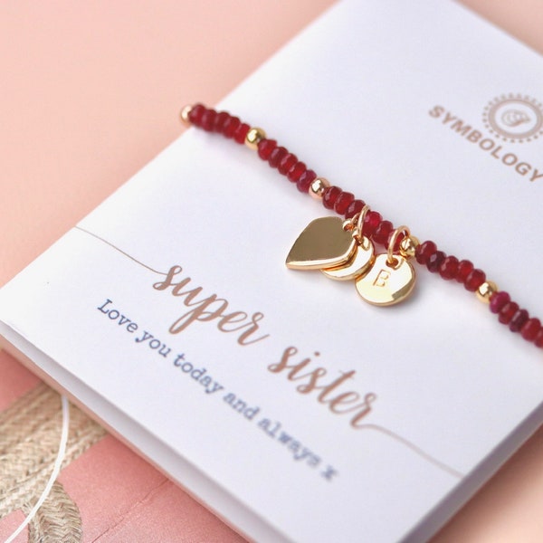 Personalised Initial Ruby Beads Bracelet, Gift for Sister Bracelet Alphabet Minimalist Jeweller, Dainty Natural Stone Bracelet, Gift for Her