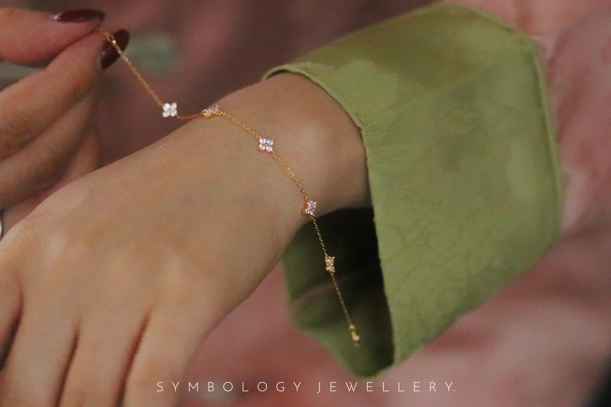 Gold Four Leaf Clover Bracelet: Sterling Silver Dainty Stacking Bracelet
