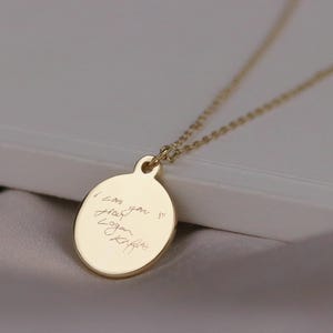 Gold Photo Necklace: Personalised Handwriting, Engraved Memorial Pendant