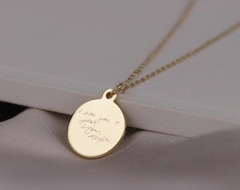 Custom Gold Photo Necklace – Engraved Handwriting Pendant, Personalized Memorial Keepsake Gift for Her