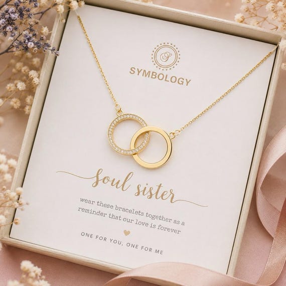 Interlocking Circles Necklace: Pave CZ Charm, Sister Gift, Brass