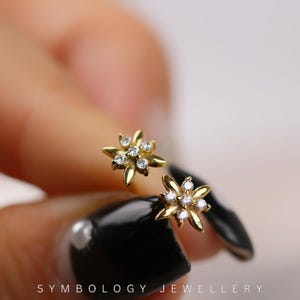 May include: A pair of gold starburst stud earrings, each with small, clear gemstones. The earrings are held against a blurred background. The text "SYMBOLOLOGY JEWELLERY" is visible at the bottom.