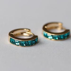 Aqua CZ Crystal Hoop Earrings: 18ct Gold Plated Huggies