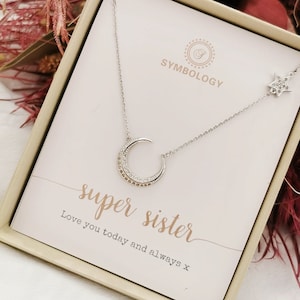 Cadeau collier soeur, collier lune et étoile pour meilleure soeur, cadeau petite soeur grande soeur, carte d'anniversaire meilleure soeur, cadeau belle-soeur