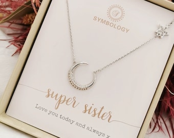 Sister Necklace Gift,  Moon & Star Necklace For Best Sister,  Little Sister Big Sister Gift, Best Sister Birthday Card, Sister in Law Gift