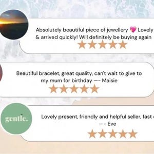 May include: Image of customer reviews for a jewelry or gift item. The reviews are in white text bubbles against a background of a beach scene. The reviews mention the quality, packaging, and delivery speed.