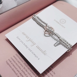 Amazing Auntie Double Silver Beaded Bracelet, Beaded Bracelet with Love Heart Symbol Charm for Auntie, Sentimental Gift for Special Auntie