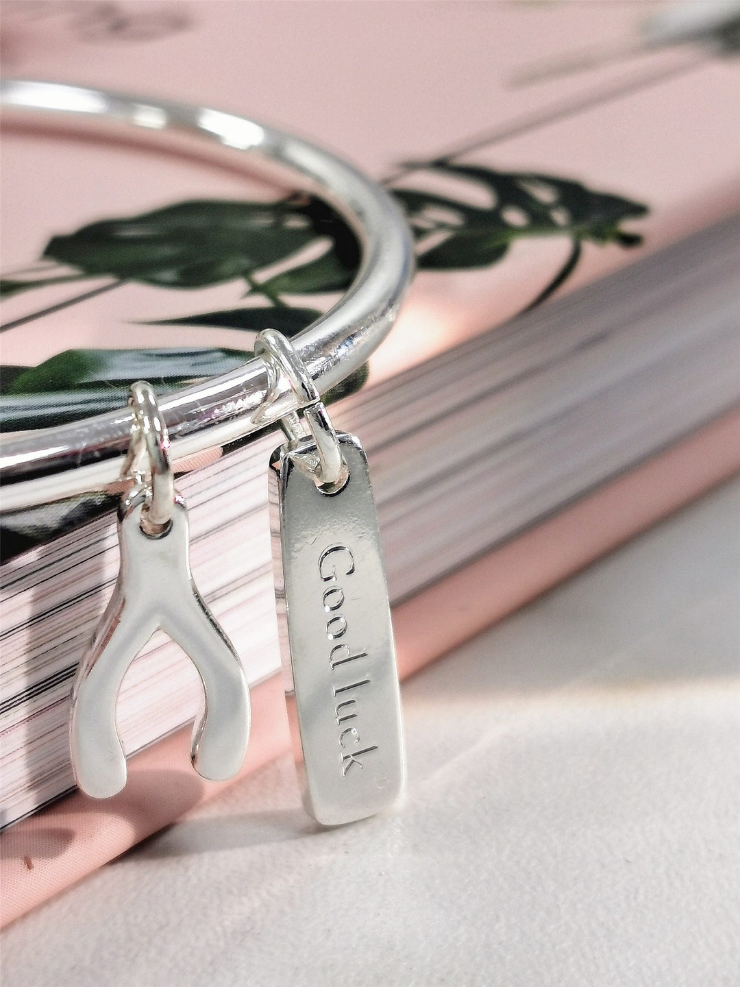 Silver Plated Good Luck Bangle With Wishbone Charm - Etsy