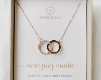 Auntie Gift: Rose Gold Double Circle Necklace, Minimalist Interlinking Chain, Christmas ideas