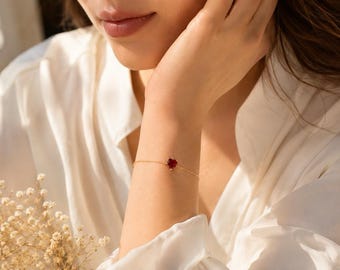 Gold Vermeil Ruby Heart Bracelet: Minimalist CZ July Birthstone Jewellery Gift for Her