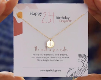21st Birthday Gift for Daughter, Sterling Silver 21 Compass Pendant with Personalised Name Card