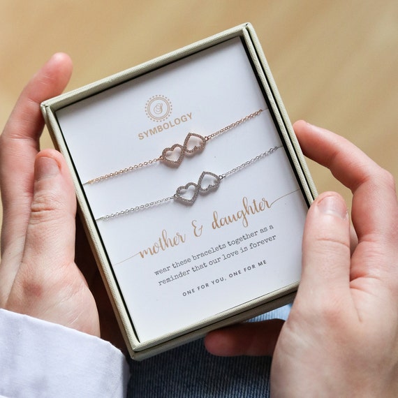 Mother Daughter Double Heart Bracelet Set Personalised CZ Pave Love Heart Bracelet for Mum sister friend bridesmaid graduation Gift for Her Etsy