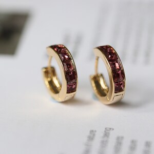 May include: A pair of gold hoop earrings with a row of small, square-shaped, burgundy-colored gemstones.