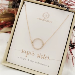 Sister Gift Necklace, SYMBOLOGY Super Sister CZ Circle Necklace With Gift Box / Best Sister / Little Sister Big Sister Gift
