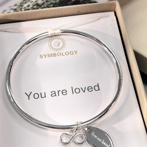 You Are Loved Bangle with Silver Infinity Charm, Symbology, Symbol Bangle, Sentimental, Birthday Gift, Anniversary, Best Wife (Gift boxed)