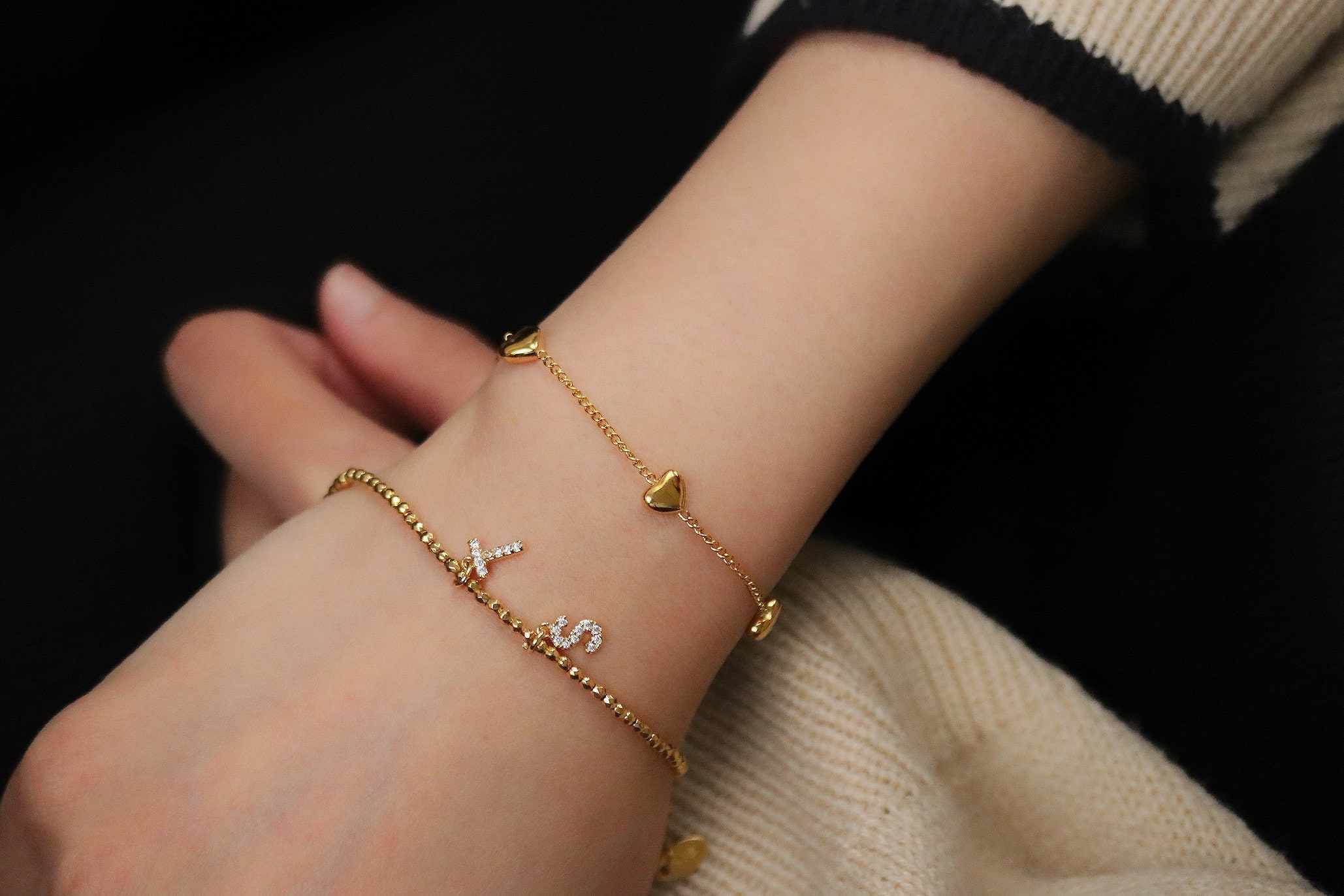 Set Bracciali Oro Per Donna Con Iniziale Personalizzata – Bracciale Tennis E Corda Impilabili – Regalo Elegante