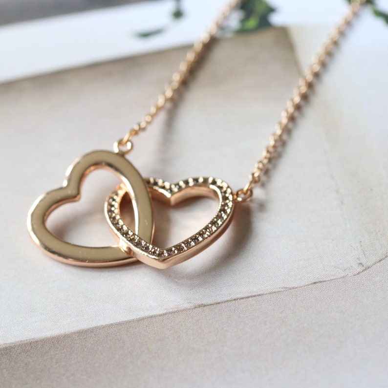 Gold Sister Double Love Heart Necklace / Sister Gift / CZ Pave Minimalist Charm Necklace / Bestie Gift Little Sister Big Sister Gift for Her image 4