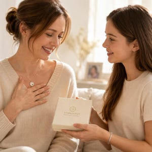 May include: A silver circular pendant necklace with a small embedded stone worn by a person in a beige sweater, who is holding a square off-white gift box with the gold text Symbology Meaningful Jewellery printed on the lid.
